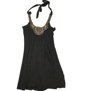 OCEAN DRIVE Women Black Halter Dress Wooden Beaded Neckline Boho Beach Resort S
